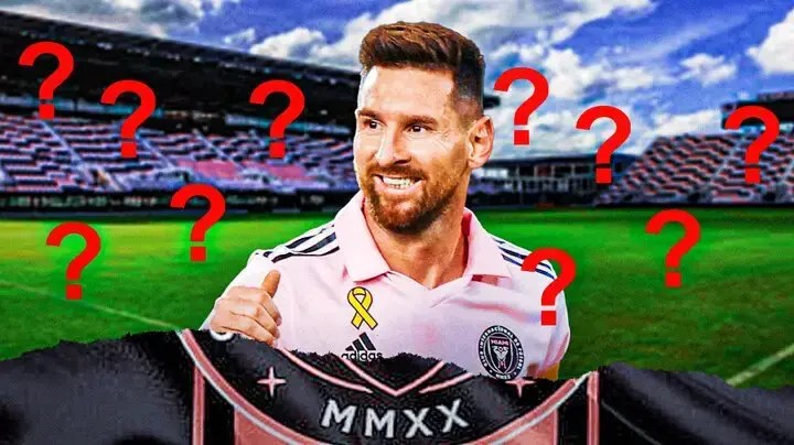 Lionel Messi in front of the Inter Miami logo wearing an Inter Miami shirt, there is a questionmark in front of his shirt