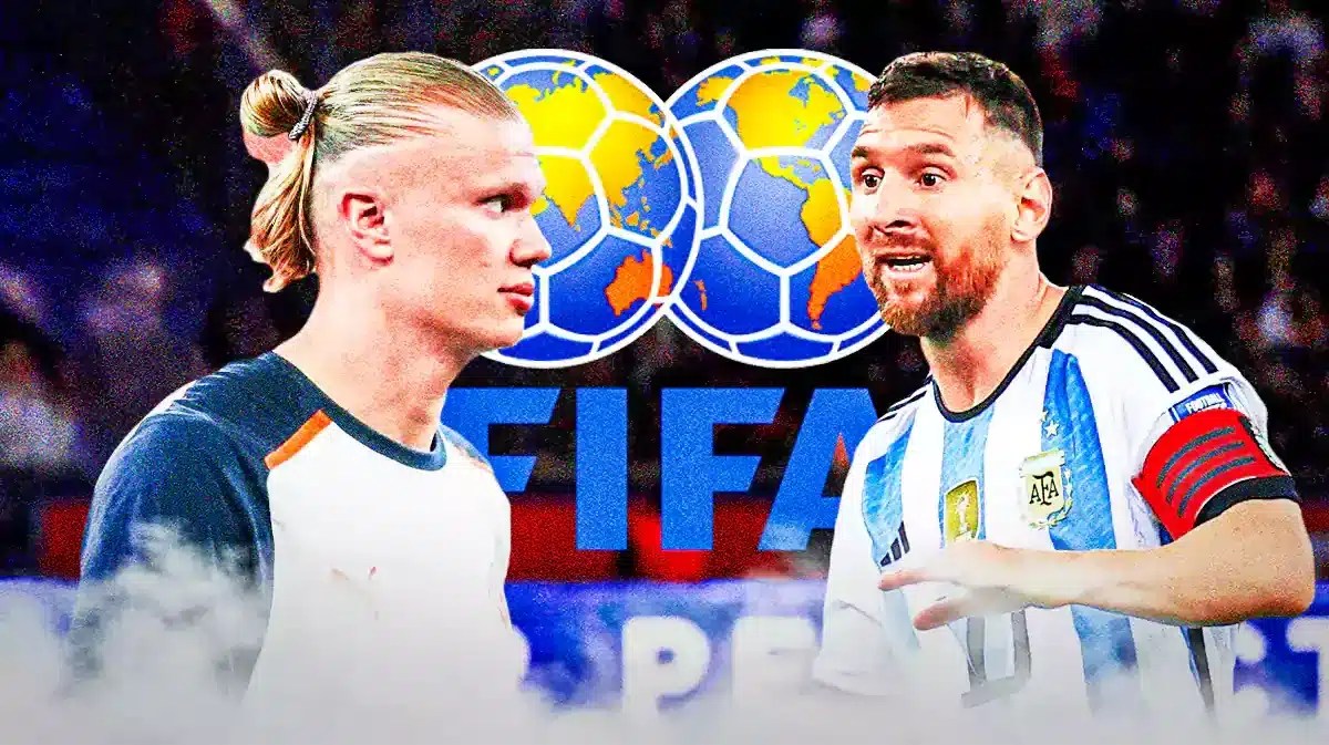 Erling Haaland looking at Lionel Messi in front of the FIFA logo