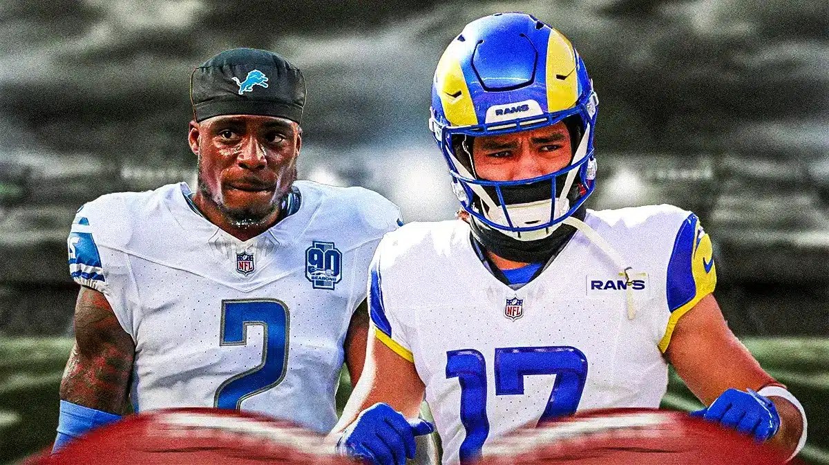 Photo: CJ Gardner-Johnson in Lions jersey and Puka Nucua in Rams jersey, fans in the back
