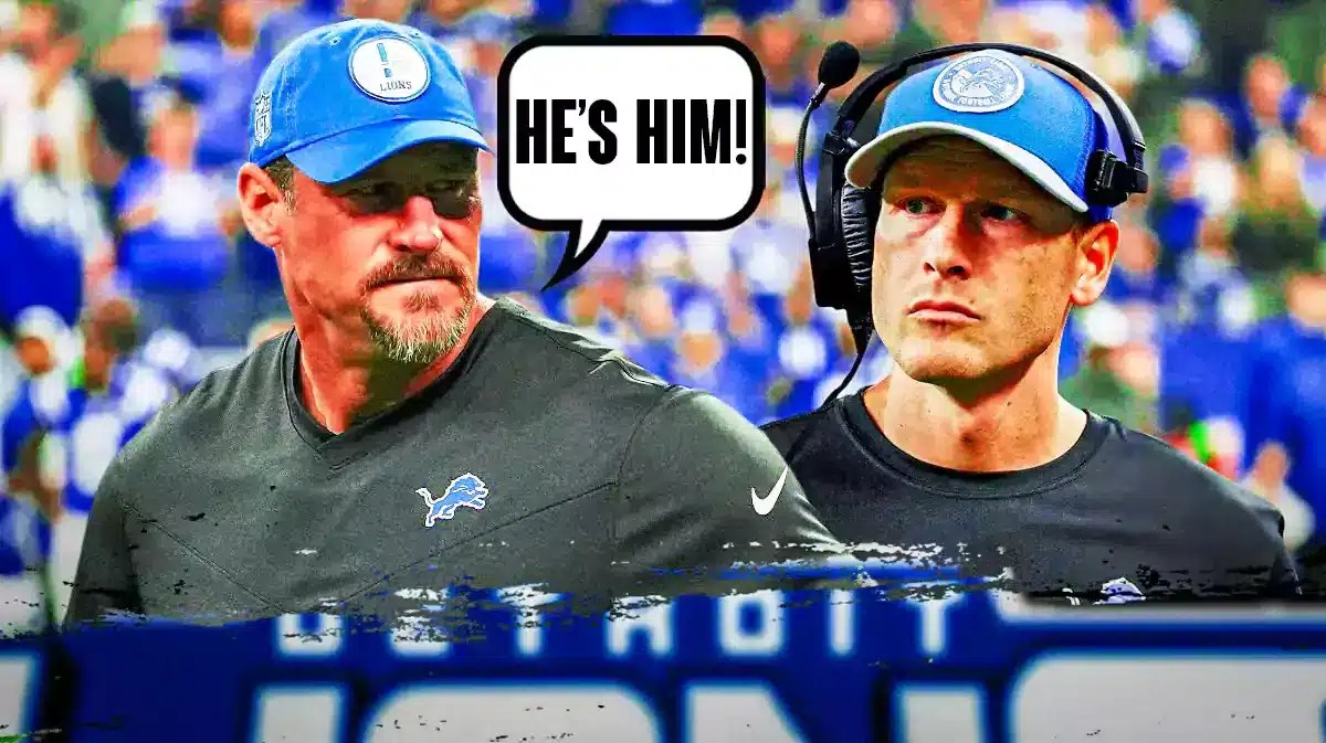 Thumb: Dan Campbell saying, “He’s him!”. Ben Johnson (Lions offensive coordinator) looking focused.