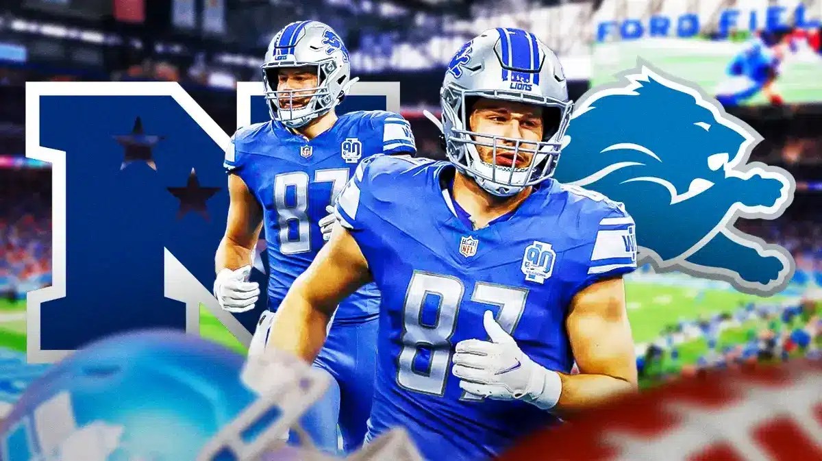 Sam La Porta reacts to the Lions injury report update in front of NFC Championship logo, 49ers players warm up out of frame