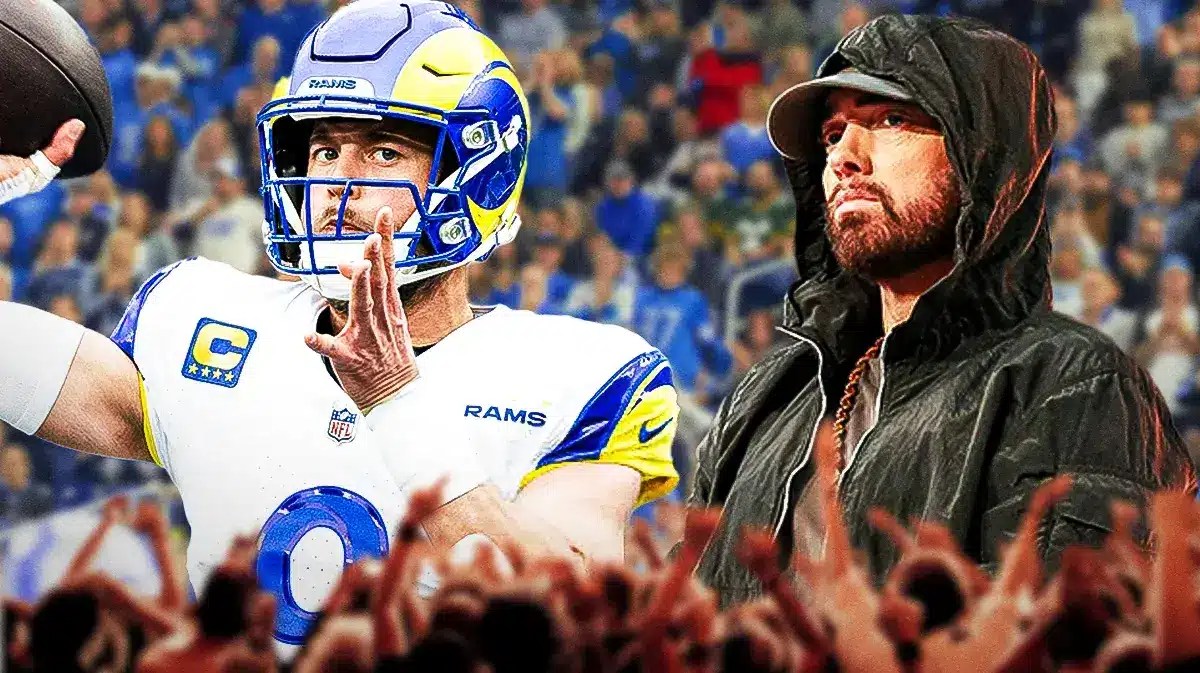 Eminem, Matthew Stafford. Lions fans in background