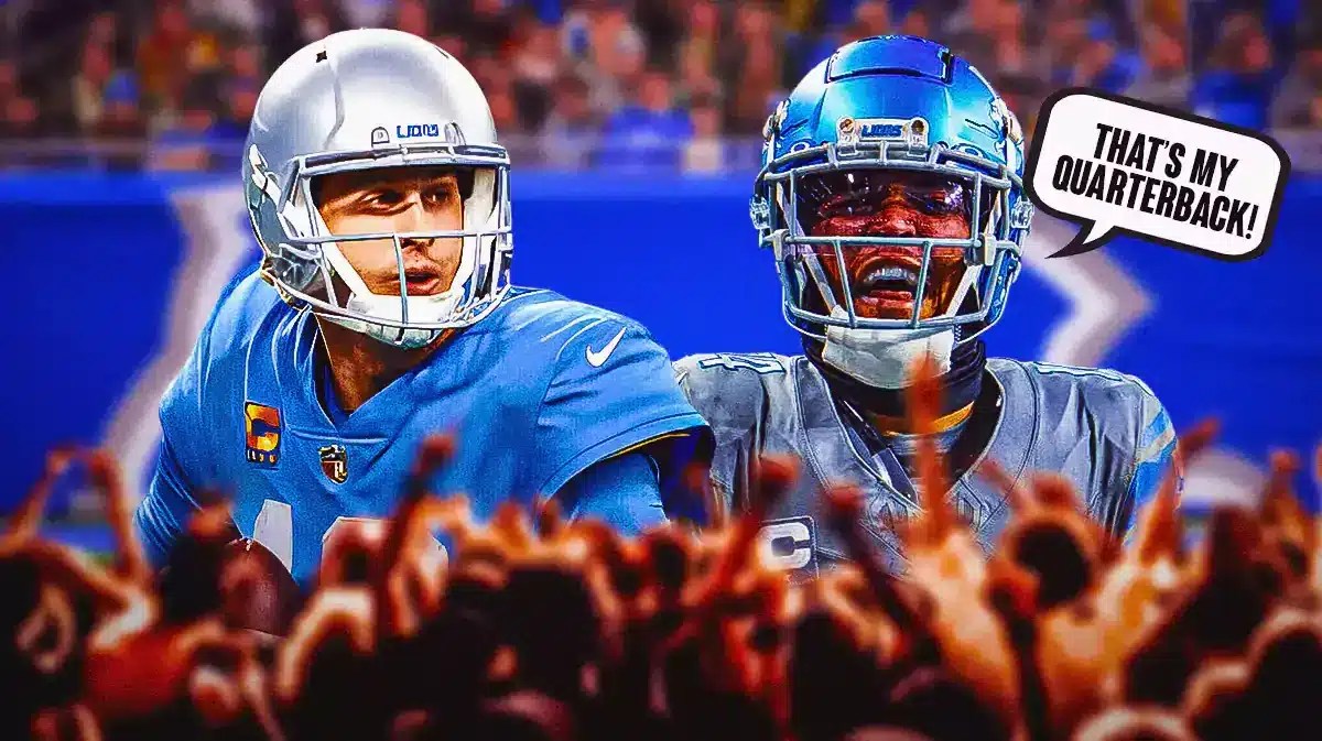 Lions star Jared Goff receiving love from teammate Amon-Ra St. Brown.