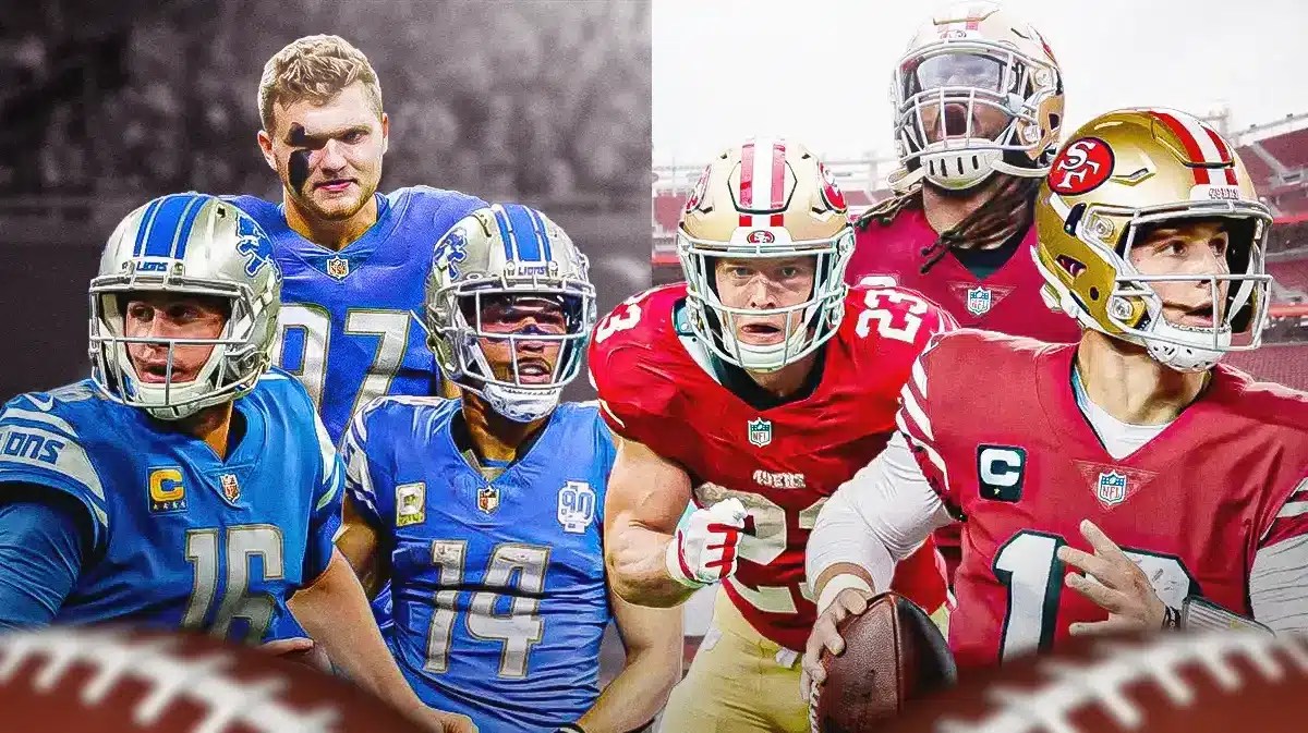 Detroit Lions Jared Goff, Aidan Hutchinson, Amon-Ra St. Brown, and San Francisco 49ers Brock Purdy, Christian McCaffrey, and Fred Warner