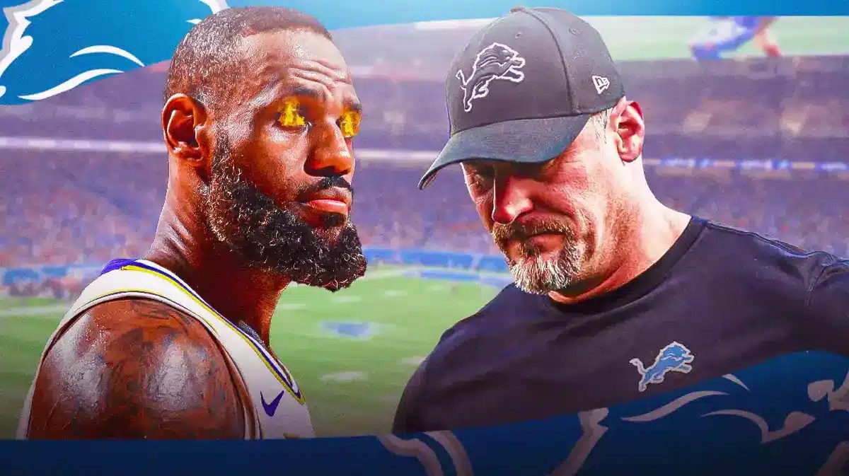 LeBron James with fire in his eyes. Dan Campbell looking down
