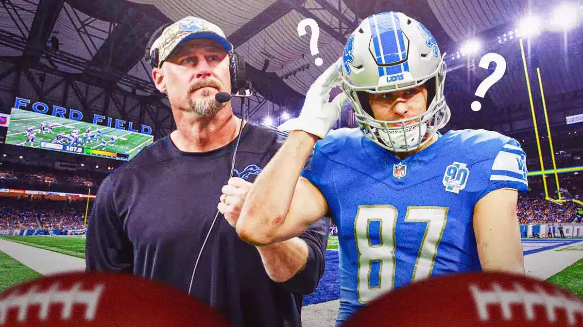 Lions' Sam LaPorta and Lions' Dan Campbell both in image looking serious. Place a question mark next to LaPorta.