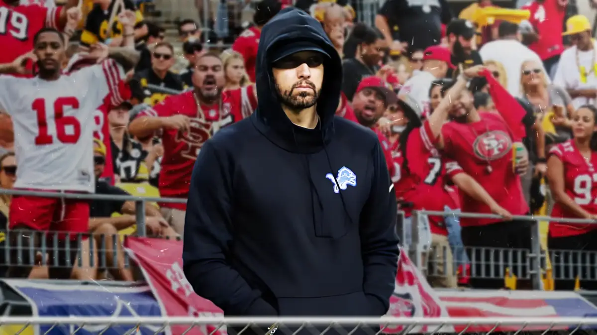 Lions fan Eminem surrounded by 49ers fans