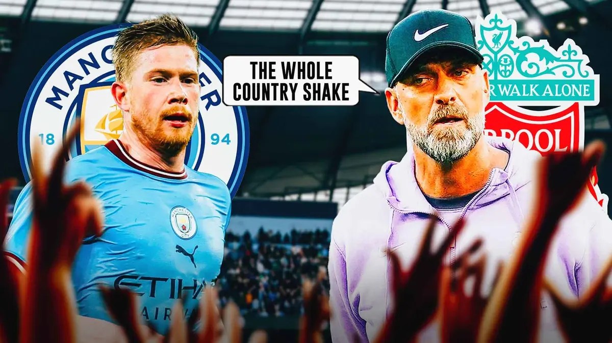Jurgen Klopp saying:'the whole country shake' next to Kevin de Bruyne, the Liverpool and Manchester City logos behind them