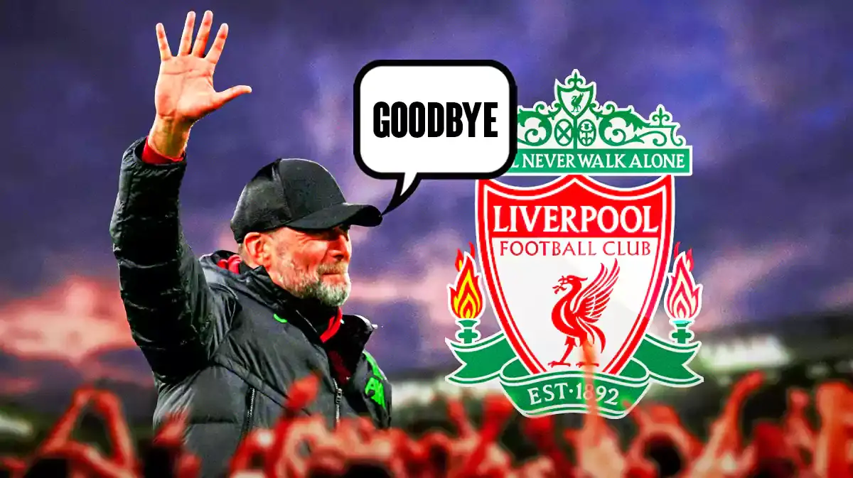 Jurgen Klopp saying: 'goodbye' in front of the Liverpool logo