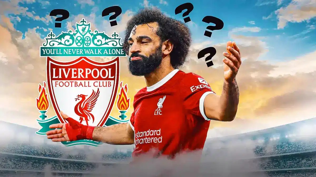 Mohamed Salah in front of the Liverpool logo, questionmarks in the air