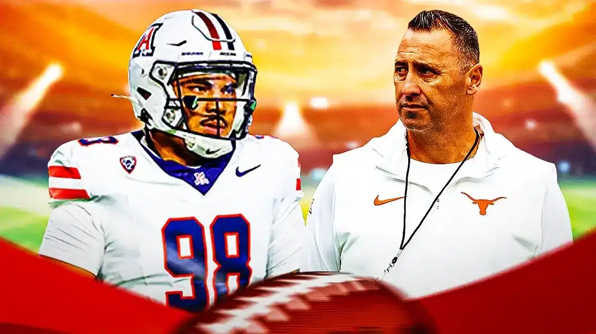 Texas football coach Steve Sarkisian next to former Arizona DT Tiaoalii Savea who chose the Longhorns in the transfer portal.