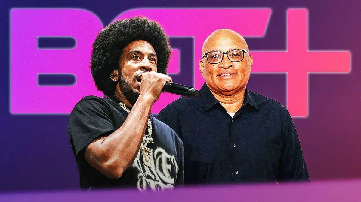 Ludacris and Larry Wilmore in front of the BET+ logo