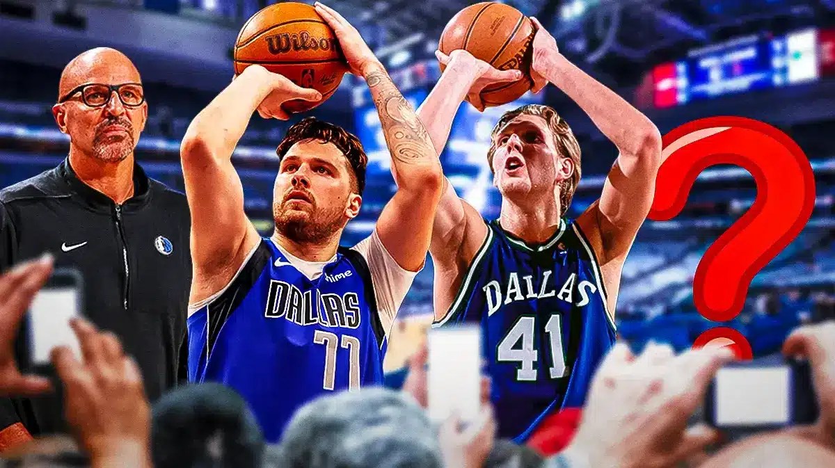 In middle, need Mavericks' Luka Doncic and Mavericks' Dirk Nowitzki both shooting basketballs. On left, need Mavericks head coach Jason Kidd. On right, place a question mark.