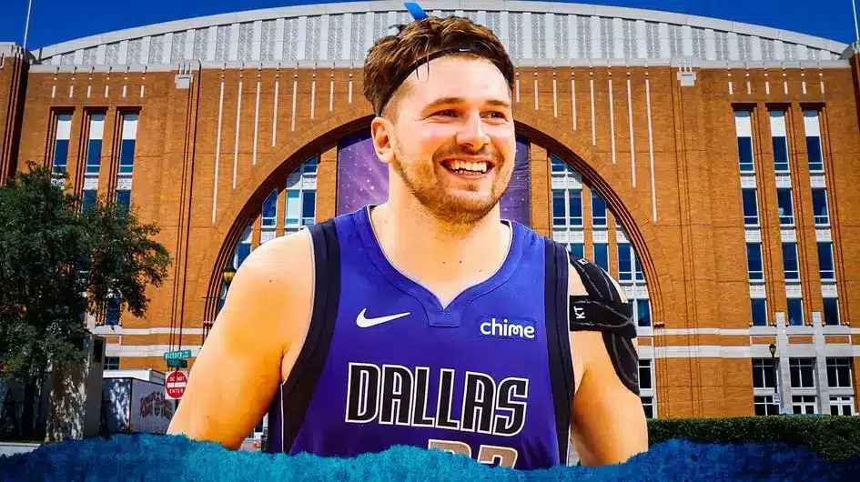 Mavericks' Luka Doncic smiling with the American Airlines Center in background.
