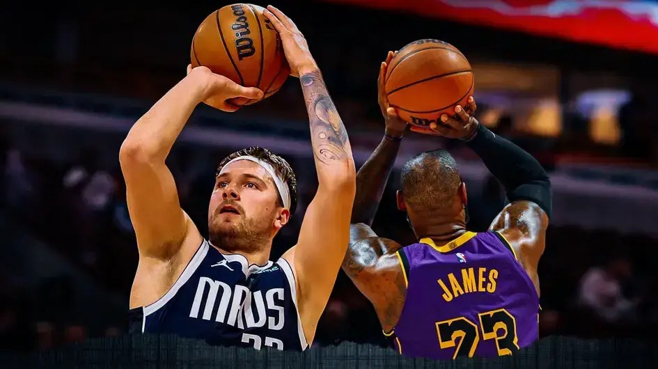 Mavericks' Luka Doncic shooting a basketball. Lakers' LeBron James shooting a basketball.