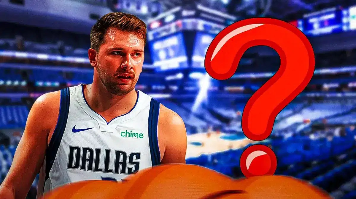 Mavericks' Luka Doncic looking serious on left. Place a big question mark on the right.