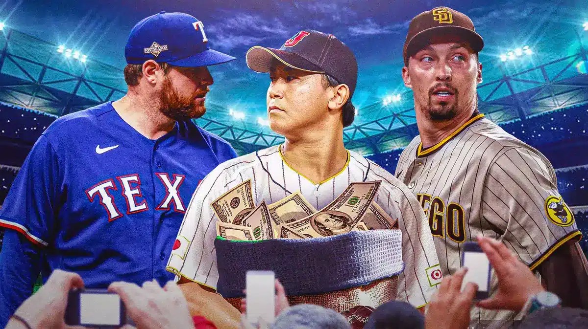 Shota Imanaga carrying bags of money with Blake Snell and Jordan Montgomery looking sad (in Padres and Rangers unis, respectively)