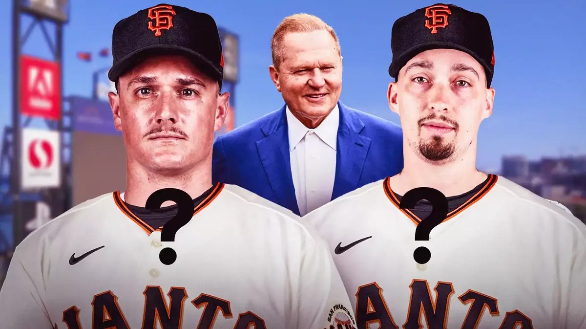 Photo: Matt Chapman, Blake Snell in Giants jerseys with question marks above them, Scott Boras beside them, Oracle Park as the background