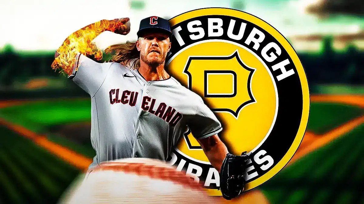 Noah Syndergaard hyped up and his right arm on fire, with the Pirates logo beside him