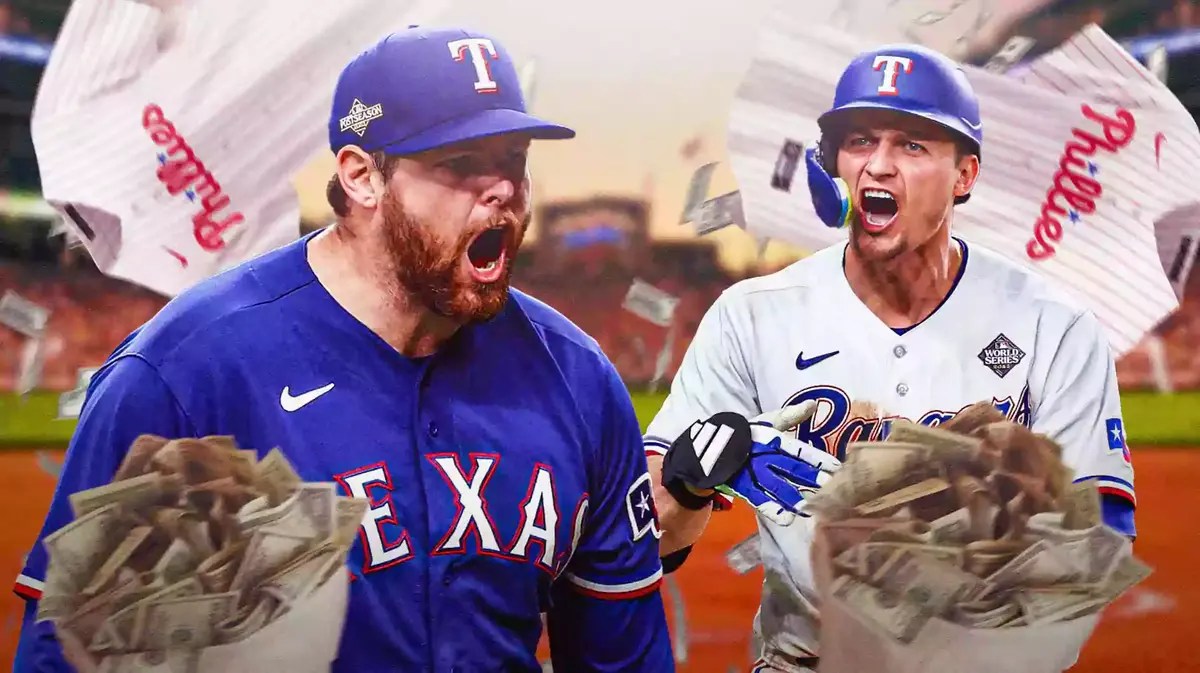 Rangers' Jordan Montgomery holding plenty of money bags alongside Corey Seager, with a Phillies uniform falling from the sky