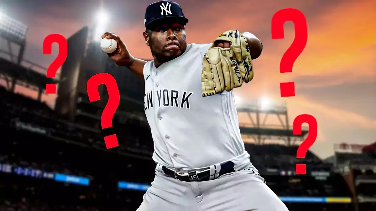 Photo: Hector Neris in Yankees jersey pitching with question marks above him