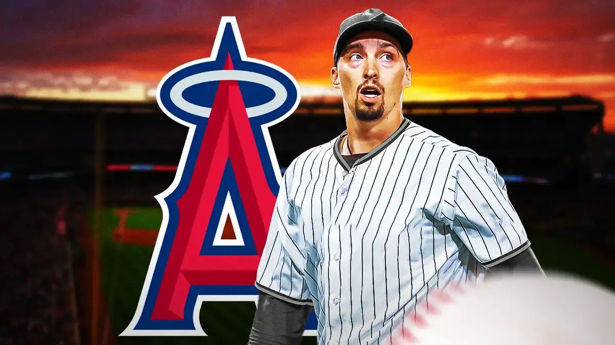 Blake Snell next to a Los Angeles Angels logo