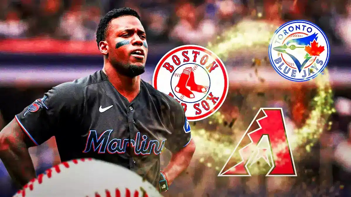 Jorge Soler looking at Red Sox, Diamondbacks, and Blue Jays logos.