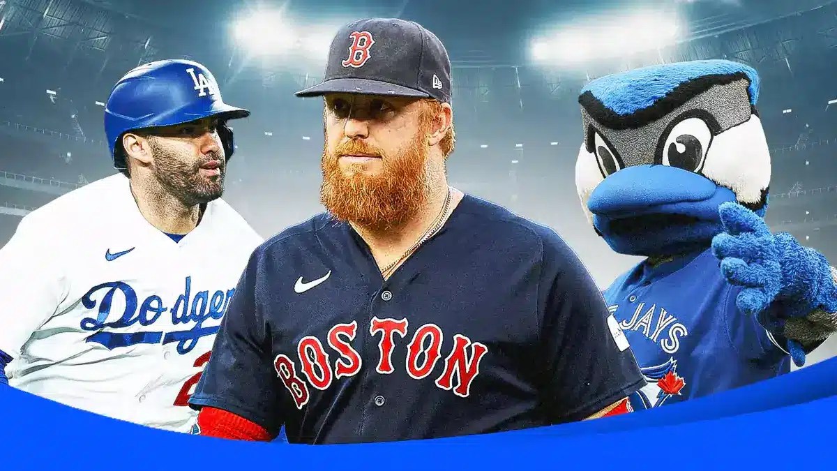 JD Martinez (Dodgers) and Justin Turner (Red Sox) with the Blue Jays mascot in the background