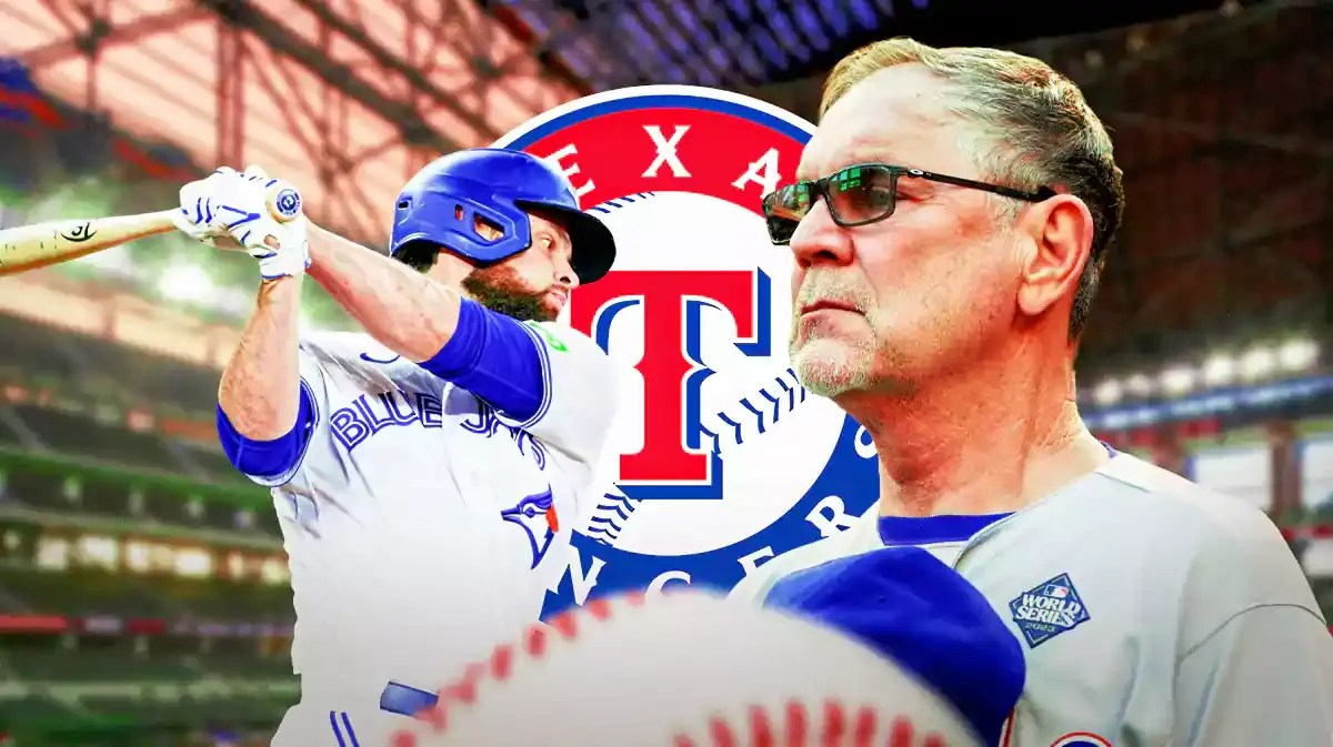 Brandon Belt swinging a bat next to Bruce Bochy in front of a Rangers logo at Globe Life Field