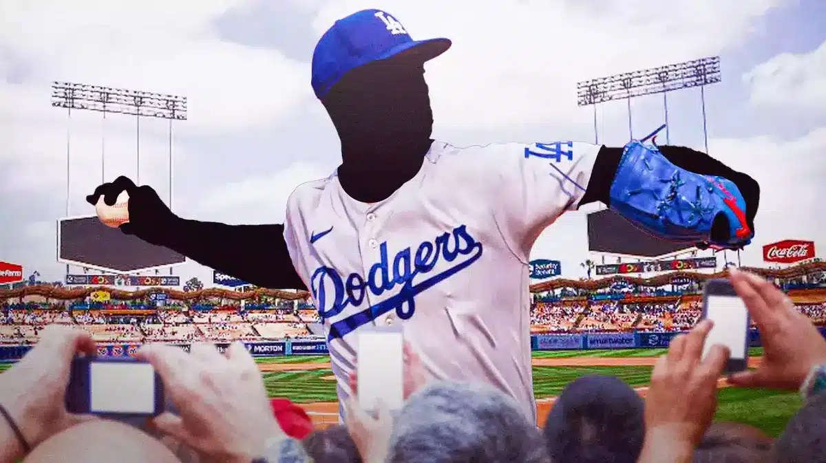 Silhouette of a right-handed pitcher in a Los Angeles Dodgers uniform pitching a baseball at Dodger Stadium.