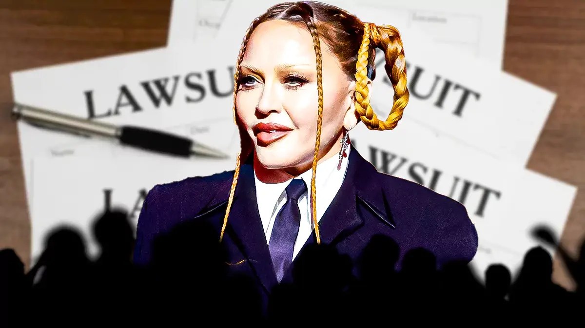 Madonna in front of a background of papers with the word "Lawsuit."