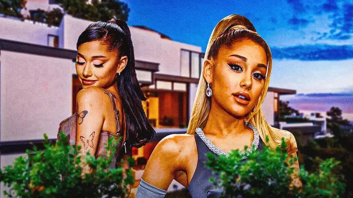 Ariana Grande with a mansion behind her