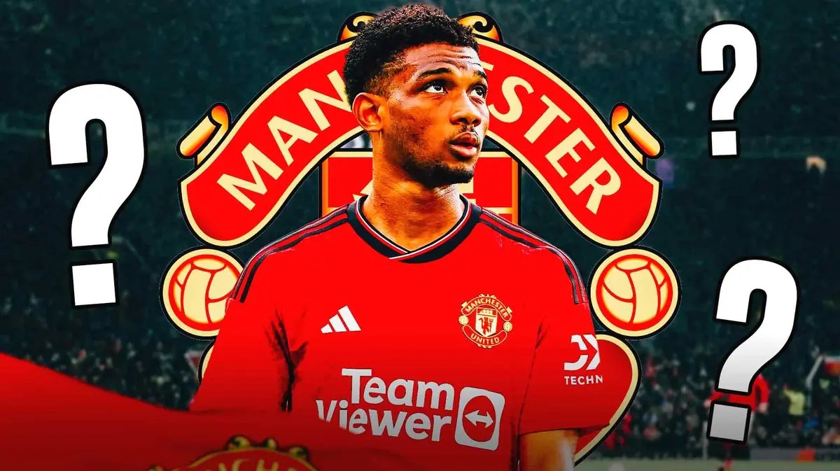 Amad Diallo in front of the Manchester United logo, questionmarks in the air