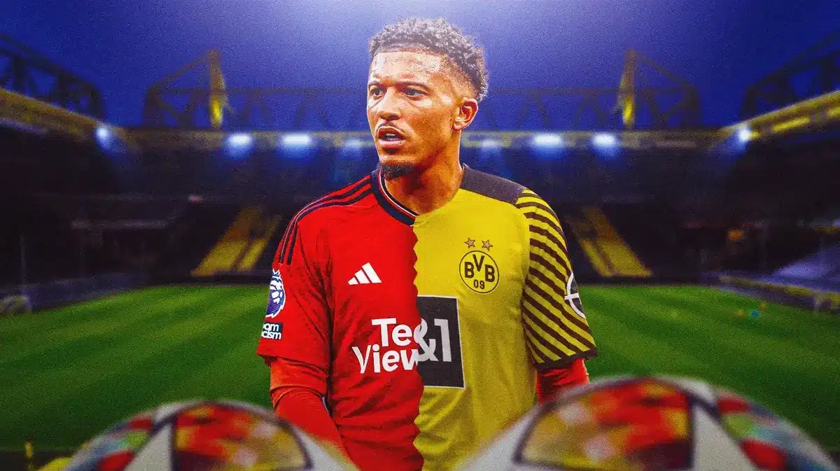 Photo: Jadon Sancho in half Manchester United, half Dortmund jersey, have Signal Iduna Park as the background