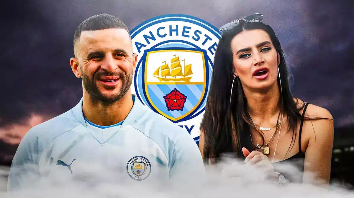 Kyle Walker and wife Annie Kilner together in front of the Manchester City logo