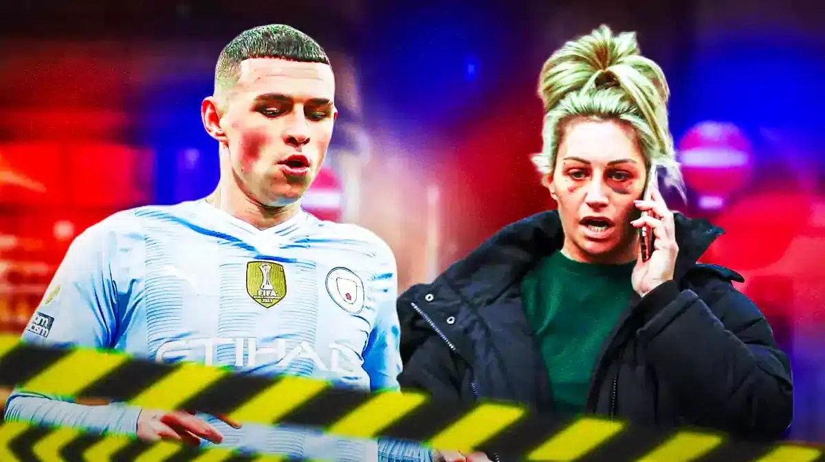 Phil Foden and Claire Rowlands in front of the Manchester City logo, police lights around them