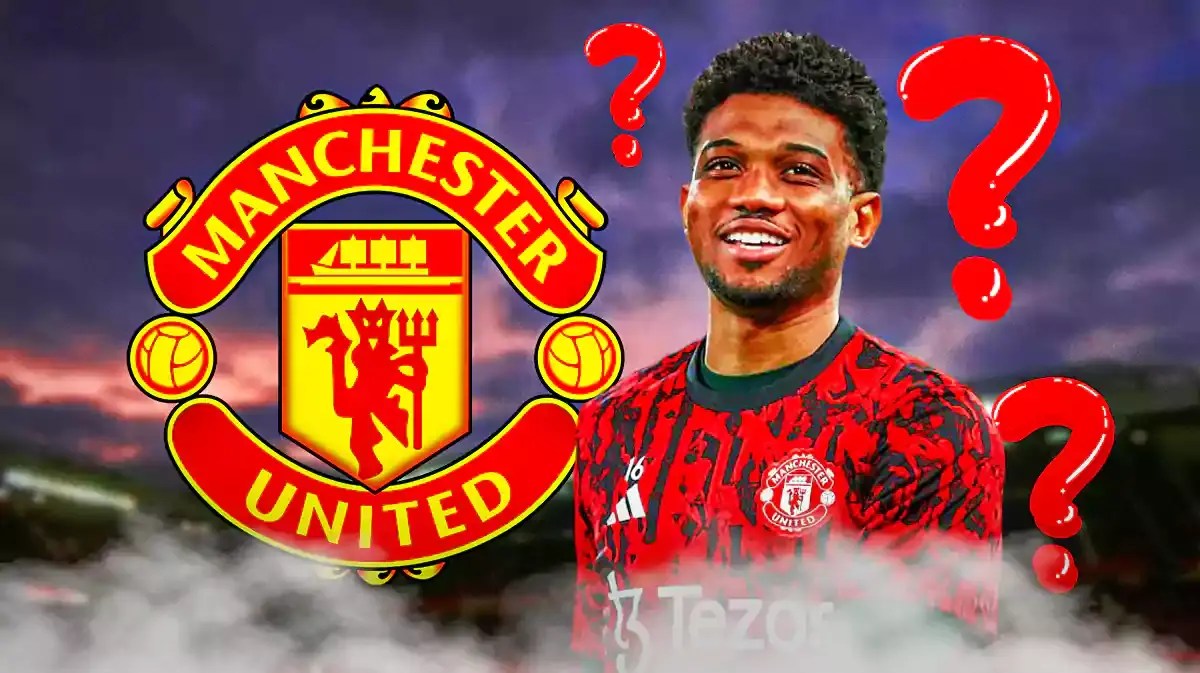 Amad Diallo in front of the Manchester United logo, questionmarks in the air