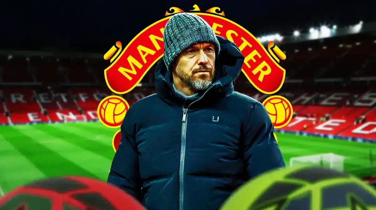 Erik ten Hag in front of the Manchester United logo