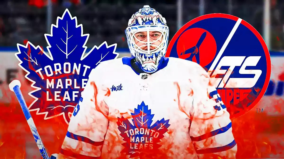 Ilya Samsonov in middle of image looking happy, Leafs and WPG Jets logo on each side, fire around him, hockey rink in background