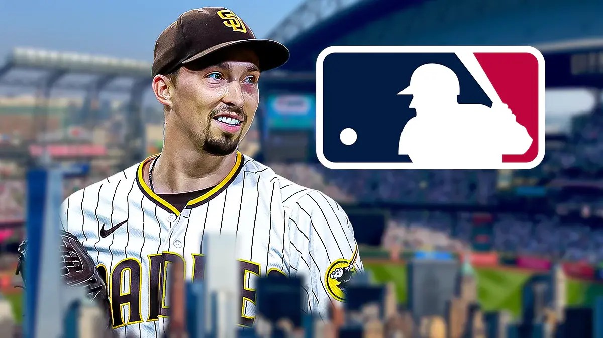 Padres pitcher Blake Snell standings in front of Mariners stadium, MLB Free Agency logo in the background of Mariners trade rumors