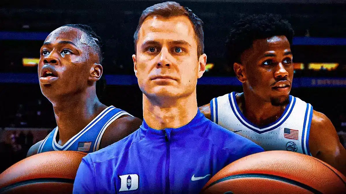 Duke head coach Jon Scheyer with Blue Devils stars Mark Mitchell and Jeremy Roach