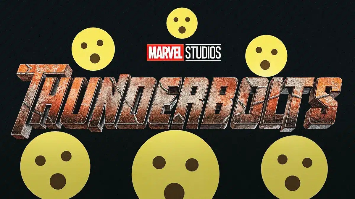 Marvel Thunderbolts logo with shocked emoji around it