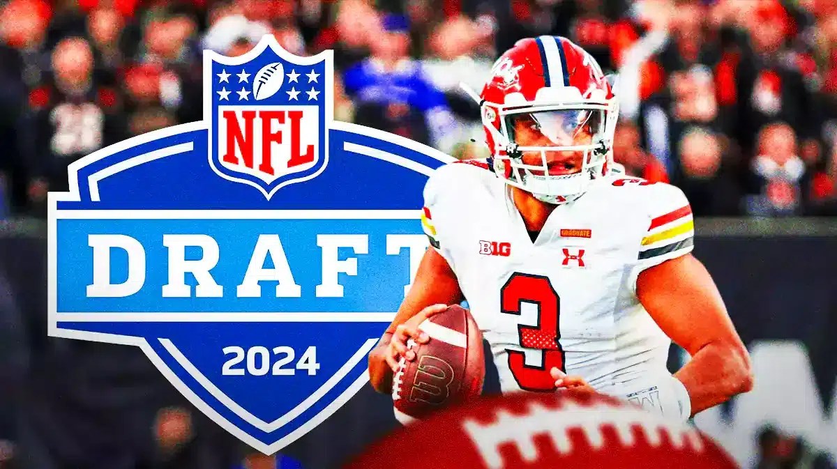 Photo: Taulia Tagovailoa in Maryland football jersey in action, 2024 NFL Draft logo behind him