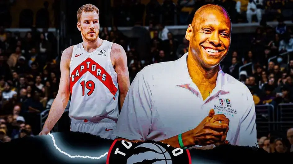 Toronto Raptors president Masai Ujiri with center Jakob Poeltl