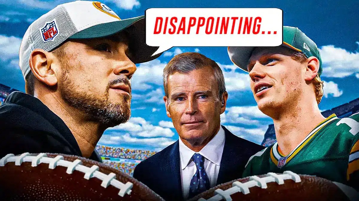 Packers coach Matt LaFleur saying "Disappointing" to Tom Rinaldi with Anders Carlson beside him
