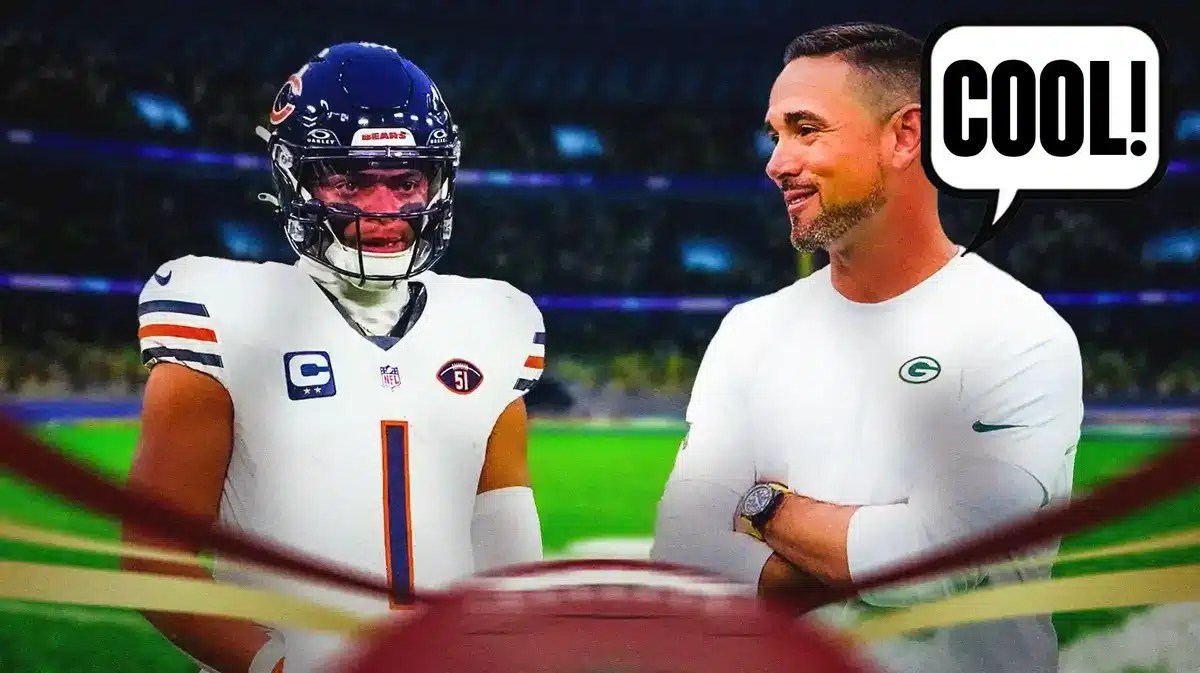 Thumb: Matt LaFleur, Packers celebrating. LaFleur saying, “Cool!”. Justin Fields looking sad.