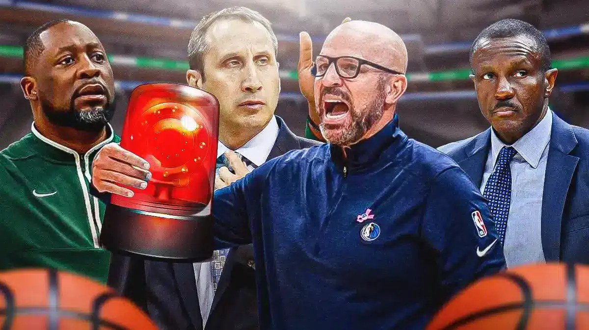 Mavericks' Jason Kidd holding sirens, with Bucks' Adrian Griffin, Raptors' Dwane Casey (2018), and Cavs' David Blatt (2016) all looking serious