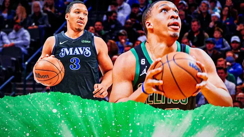 Grant Williams in a Celtics' jersey on left, Grant Williams in a Mavericks' jersey on right.