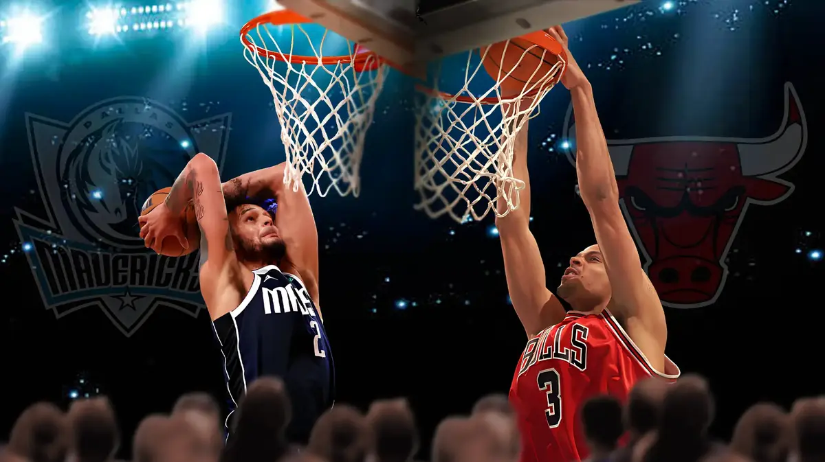 Mavericks' Dereck Lively II dunking a basketball on left. Tyson Chandler in Bulls jersey dunking a basketball on right.