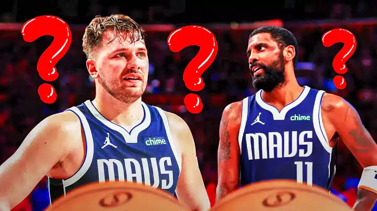 Mavericks' Kyrie Irving, Mavericks' Luka Doncic both in image. Place question marks around them.